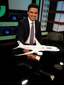 This is a picture of me in the Voice of America studios with the only scale model of a Boeing 787 Dreamliner bearing Iran Air markings.  This was given as a gift by Boeing to Mr. Bijan Kian (former head of the US ExIm Bank). Indeed there is no plan to sell such planes to Iran given the current sanctions regime, but this could be a possibility in the future if sanctions are lifted.